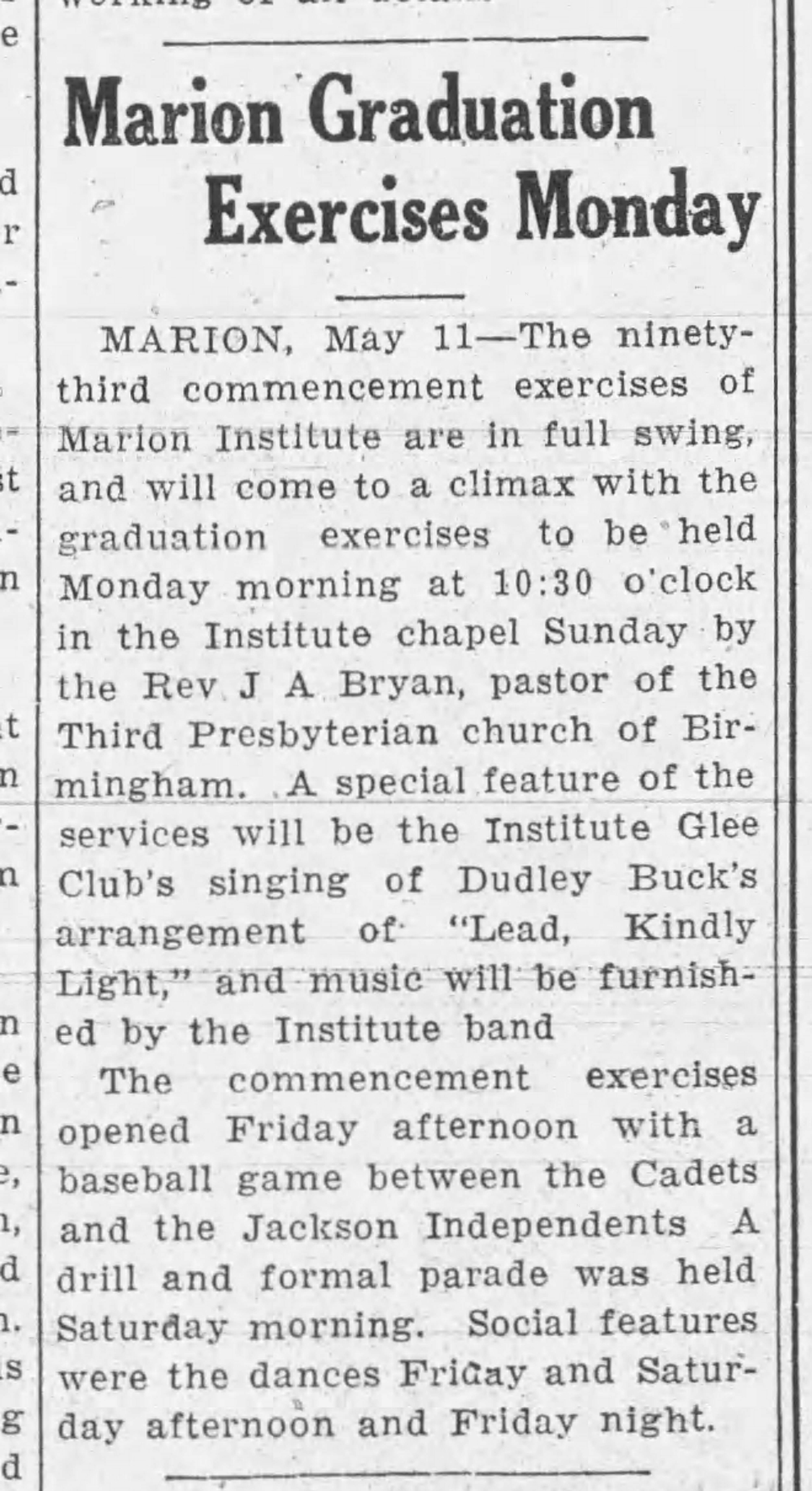 Marion Graduation Excercises Monday